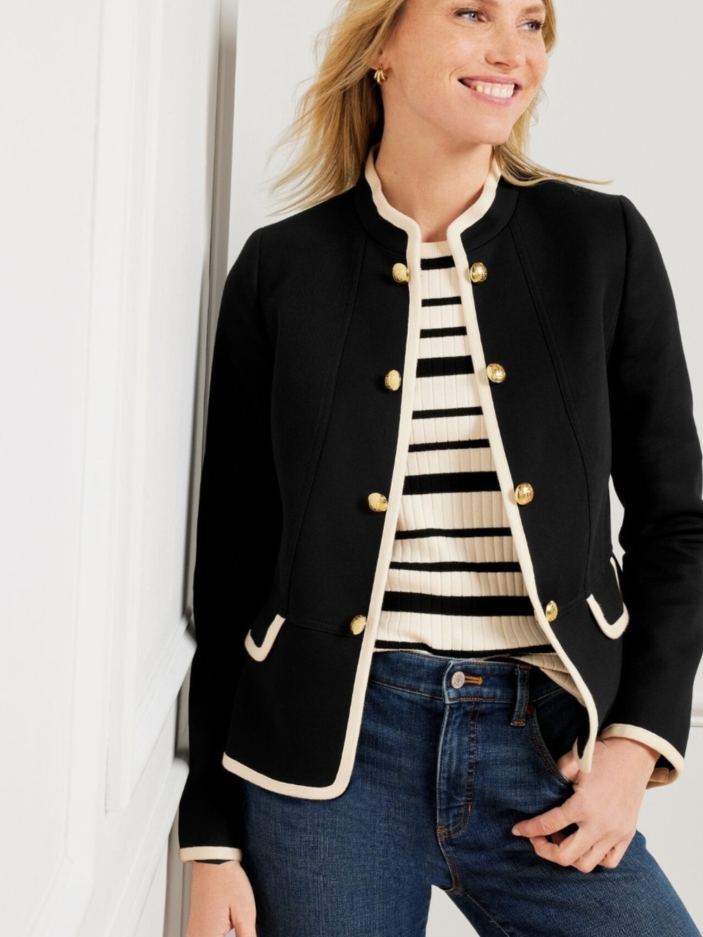 New Talbots Military Officer Jacket Gold Buttons Black W/ Cream Trim Jacket 4P